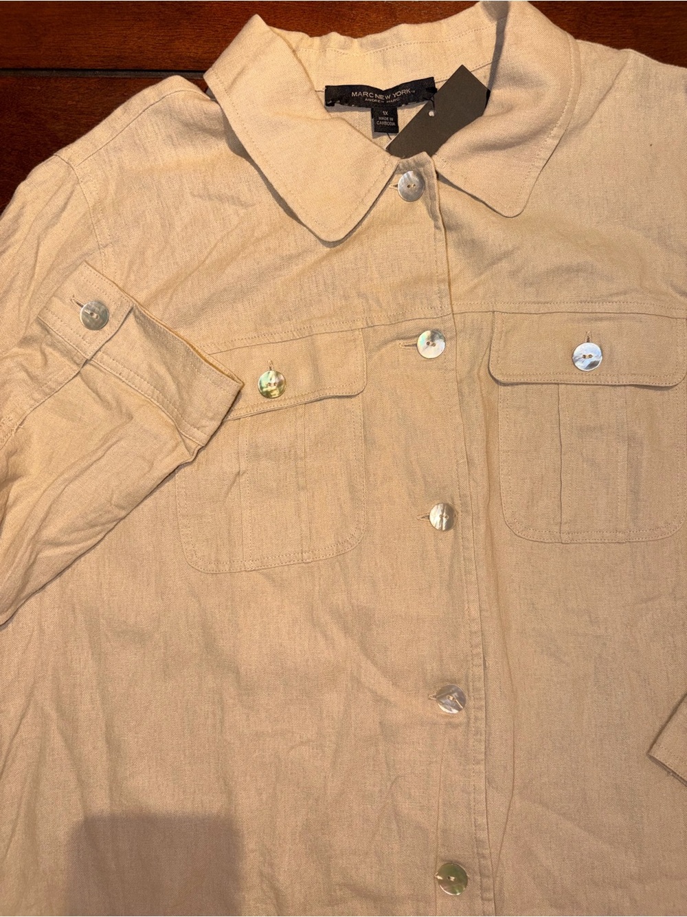 NWT Marc New York Andrew Marc Linen Blend Button Down Utility Shacket Beige 1X